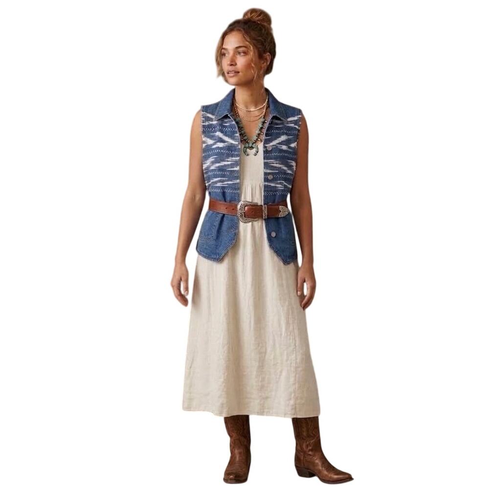 Vintage 90s Susan Bristol Denim Button-Up Vest Medium Ikat Embroidered Top